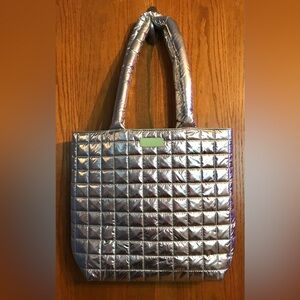 Clinique Large Puffer Silver Metallic Tote Bag w/ Green Lining 2 Shoulder Straps